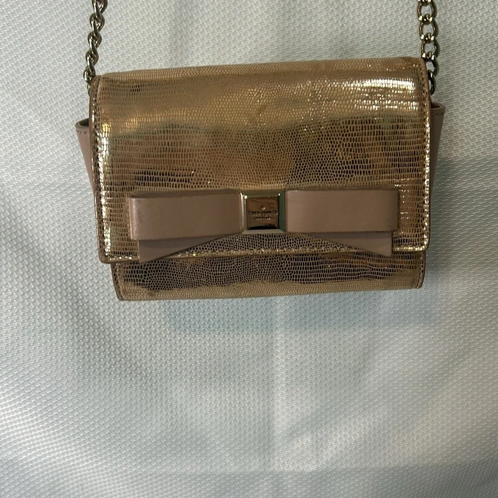Kate Spade New York Rose Gold Metallic Mini Purse bow Crossbody glam feminine